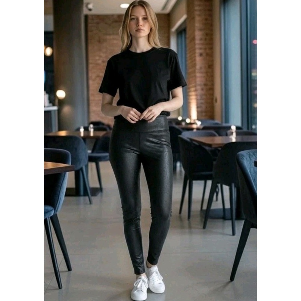 SPANX Faux Leather Leggings Browm Black S Small High Waist Shaping Style 2437